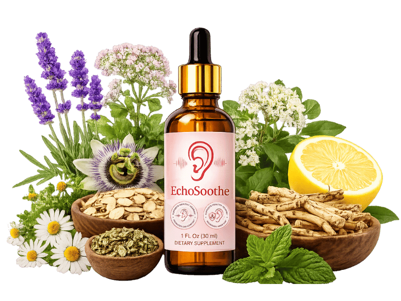 EchoSoothe bottle surrounded by herbal ingredients